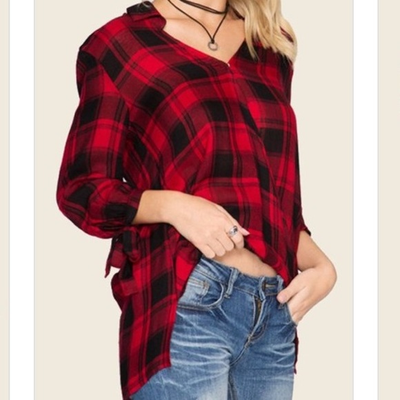 Red Plaid Front Crossover Top - Picture 2 of 4